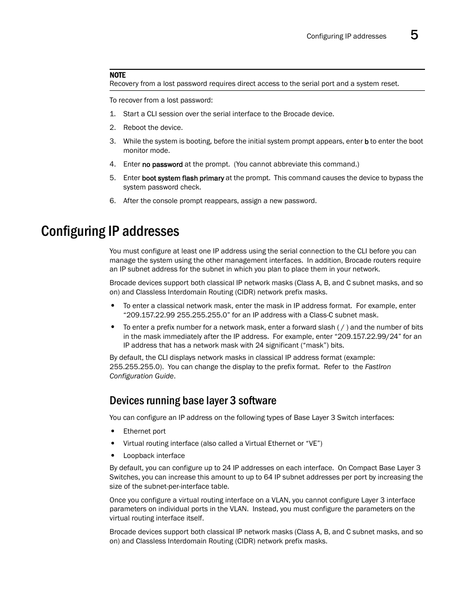 Configuring ip addresses, Devices running base layer 3 software | Brocade FastIron GS and GS-STK Hardware Installation Guide User Manual | Page 65 / 126
