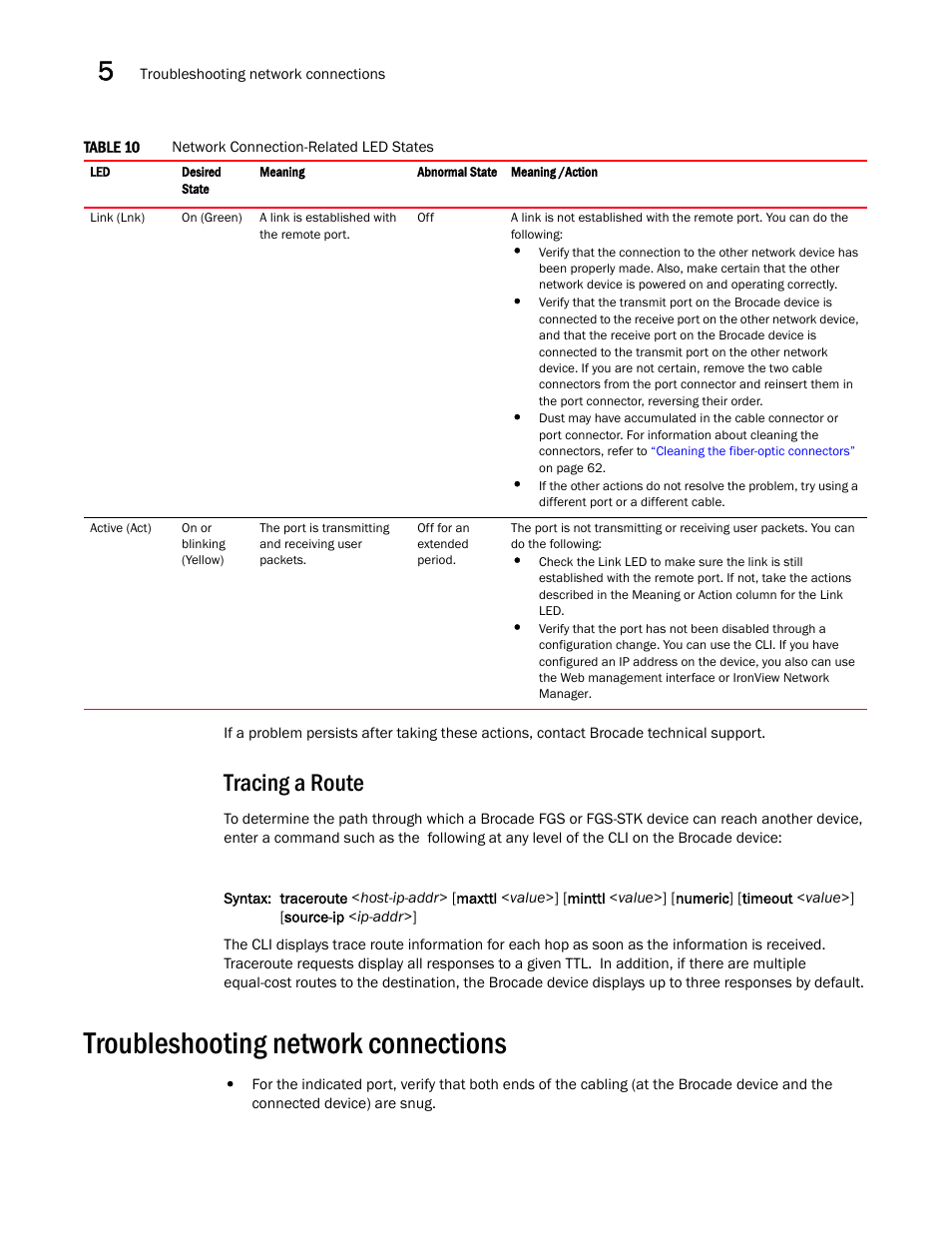 Tracing a route, Troubleshooting network connections, Table 10 | Brocade FastIron GS and GS-STK Hardware Installation Guide User Manual | Page 74 / 126
