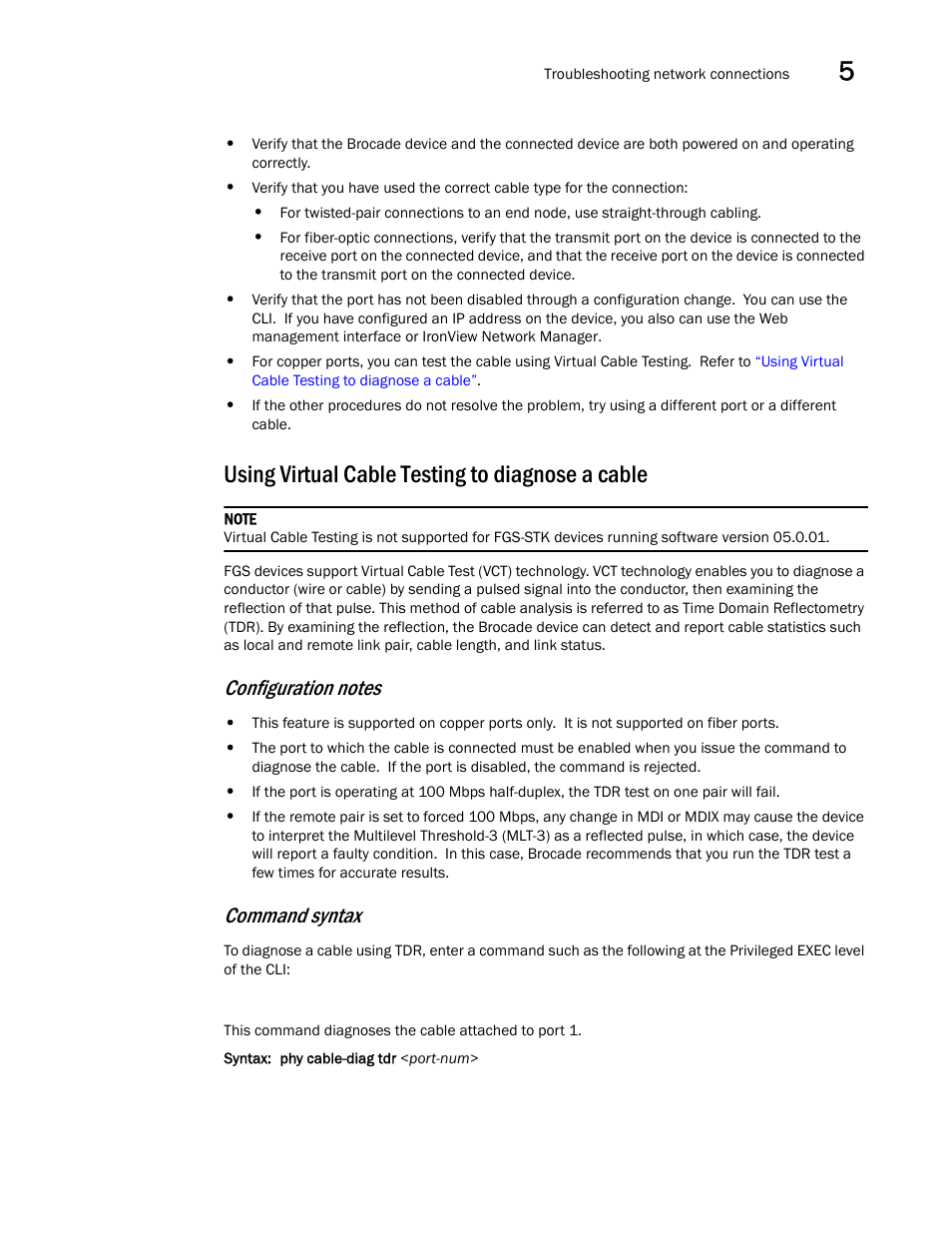 Using virtual cable testing to diagnose a cable, Command syntax | Brocade FastIron GS and GS-STK Hardware Installation Guide User Manual | Page 75 / 126