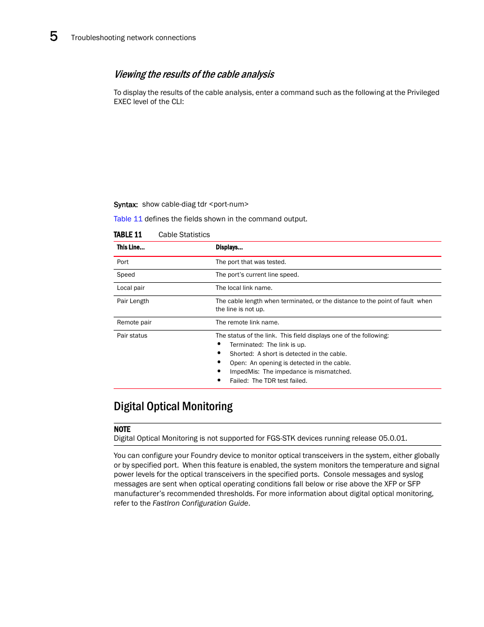 Digital optical monitoring, Viewing the results of the cable analysis | Brocade FastIron GS and GS-STK Hardware Installation Guide User Manual | Page 76 / 126