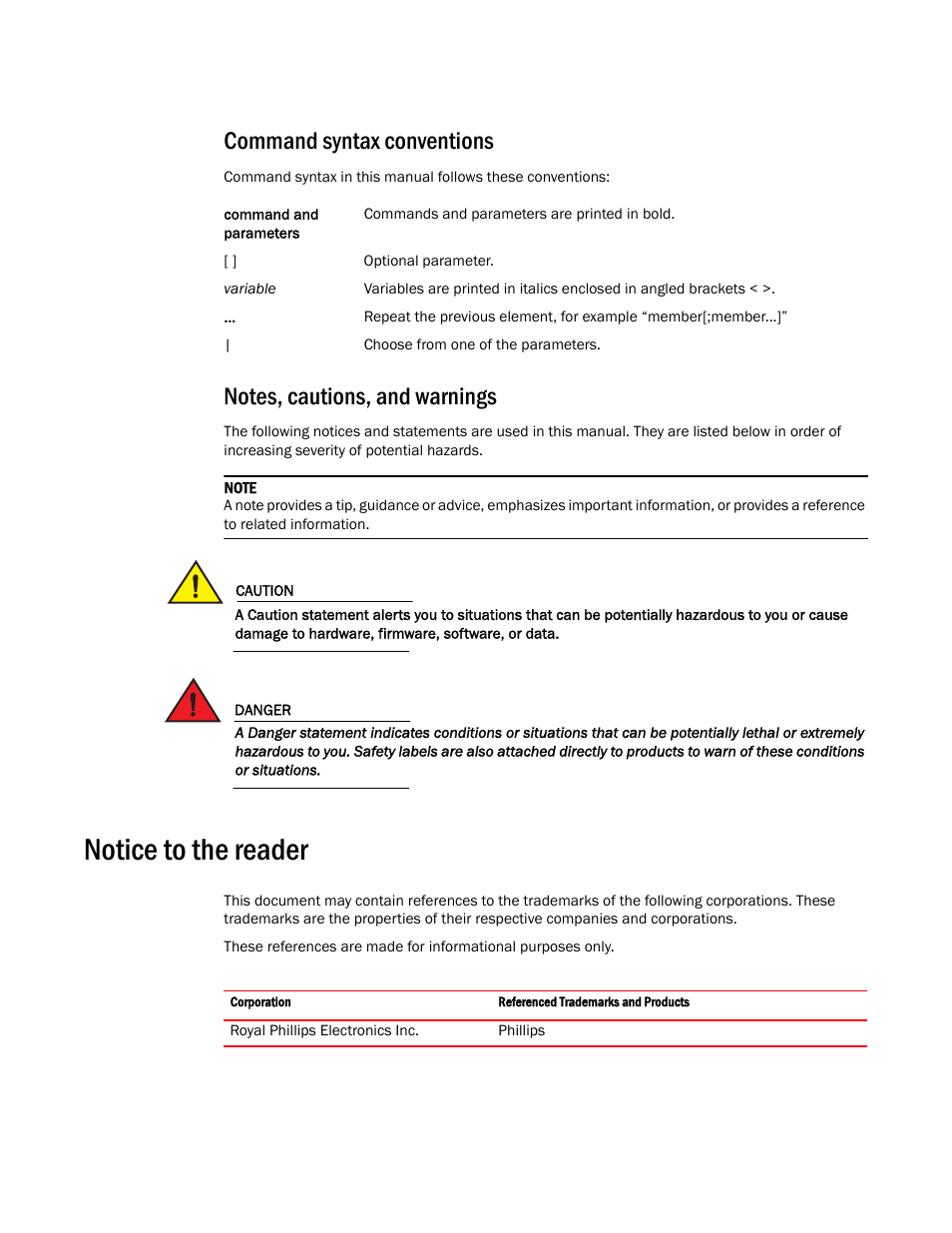 Command syntax conventions, Notes, cautions, and warnings, Notice to the reader | Brocade FastIron GS and GS-STK Hardware Installation Guide User Manual | Page 8 / 126