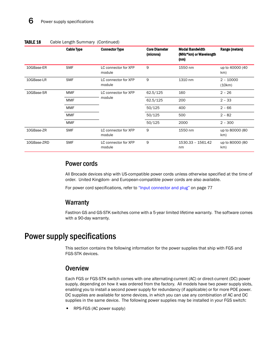 Power cords, Warranty, Power supply specifications | Overview, Draft: brocade confidential | Brocade FastIron GS and GS-STK Hardware Installation Guide User Manual | Page 84 / 126