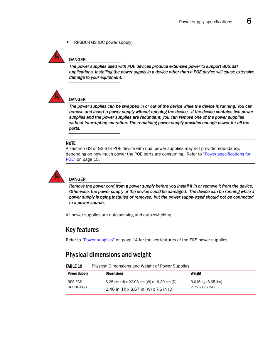Key features, Physical dimensions and weight | Brocade FastIron GS and GS-STK Hardware Installation Guide User Manual | Page 85 / 126