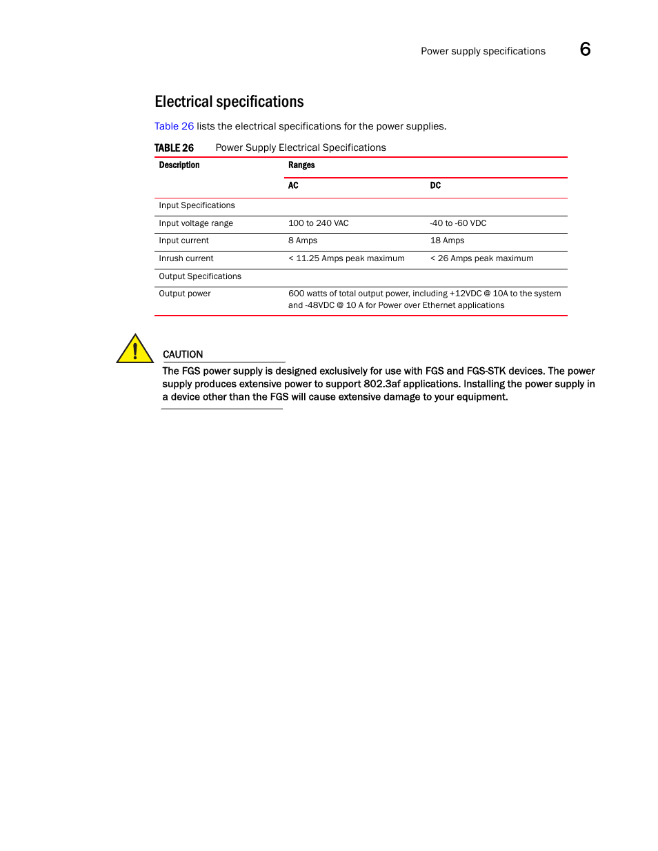 Electrical specifications | Brocade FastIron GS and GS-STK Hardware Installation Guide User Manual | Page 91 / 126