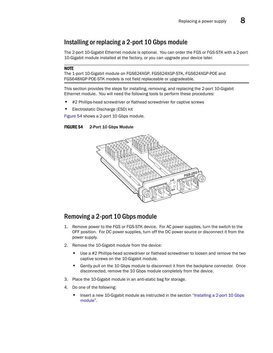 Installing or replacing a 2-port 10 gbps module, Removing a 2-port 10 gbps module | Brocade FastIron GS and GS-STK Hardware Installation Guide User Manual | Page 99 / 126