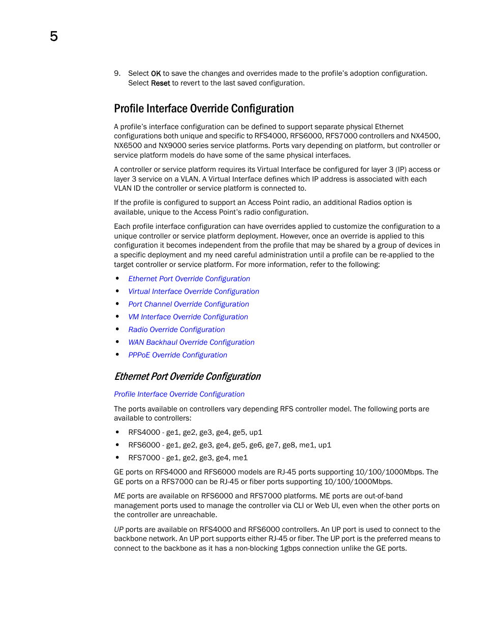 Profile interface override configuration, Ethernet port override configuration | Brocade Mobility RFS Controller System Reference Guide (Supporting software release 5.5.0.0 and later) User Manual | Page 102 / 1017