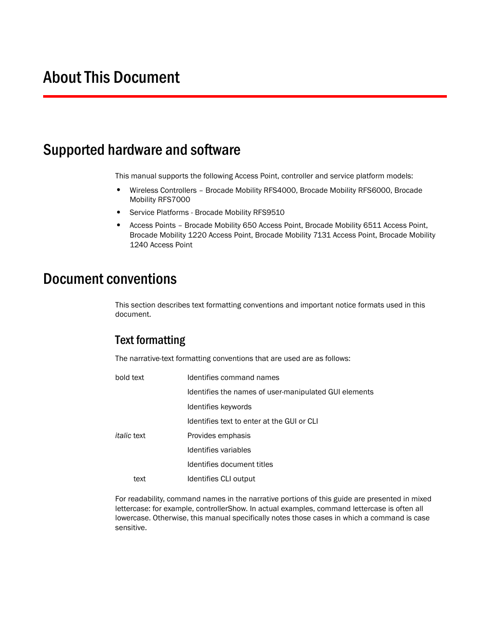 About this document, Supported hardware and software, Document conventions | Text formatting | Brocade Mobility RFS Controller System Reference Guide (Supporting software release 5.5.0.0 and later) User Manual | Page 11 / 1017