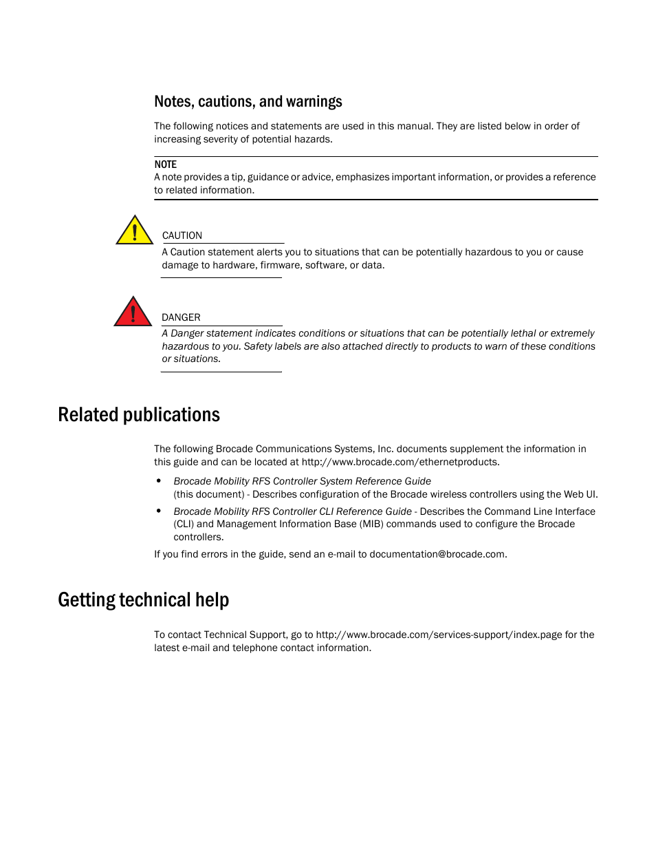 Notes, cautions, and warnings, Related publications, Getting technical help | Brocade Mobility RFS Controller System Reference Guide (Supporting software release 5.5.0.0 and later) User Manual | Page 12 / 1017
