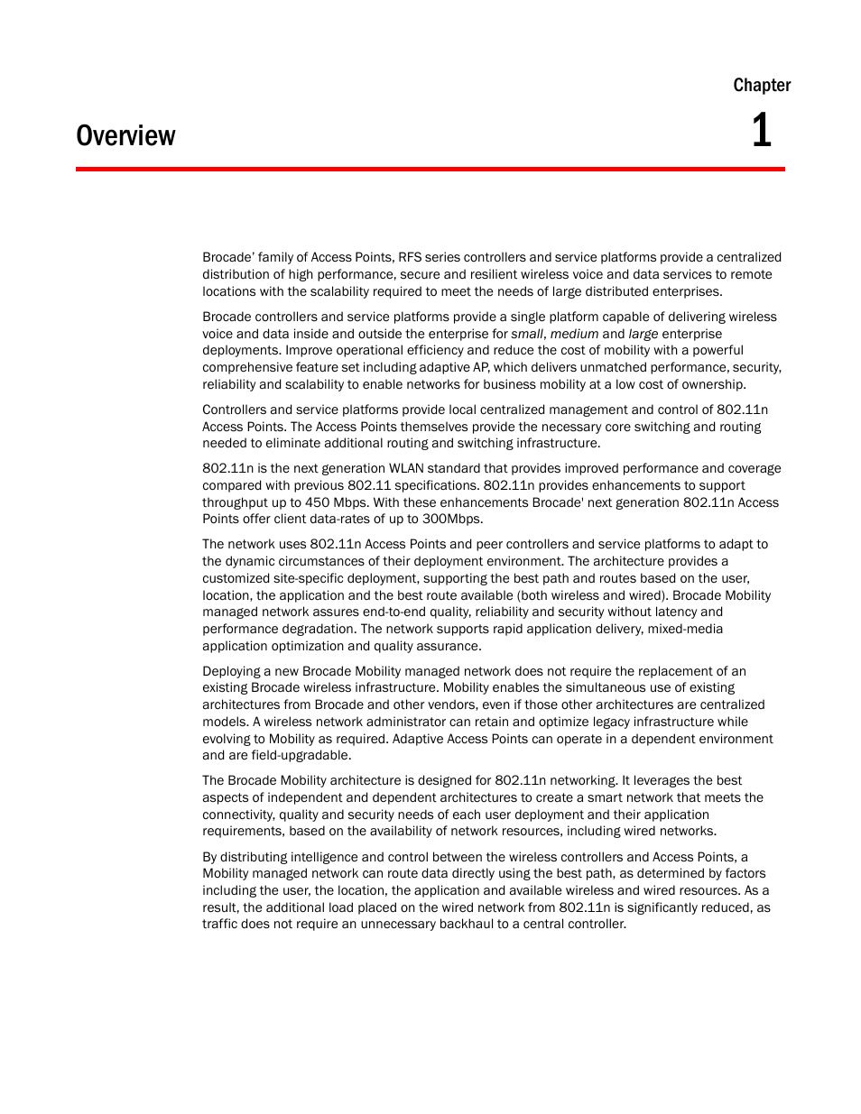 Overview, Chapter 1 | Brocade Mobility RFS Controller System Reference Guide (Supporting software release 5.5.0.0 and later) User Manual | Page 13 / 1017