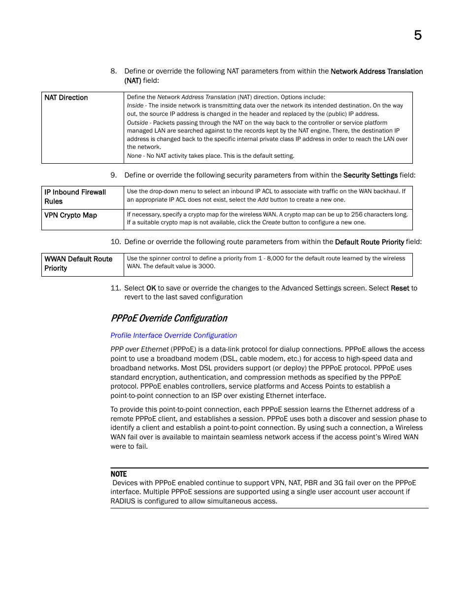 Pppoe override configuration | Brocade Mobility RFS Controller System Reference Guide (Supporting software release 5.5.0.0 and later) User Manual | Page 139 / 1017