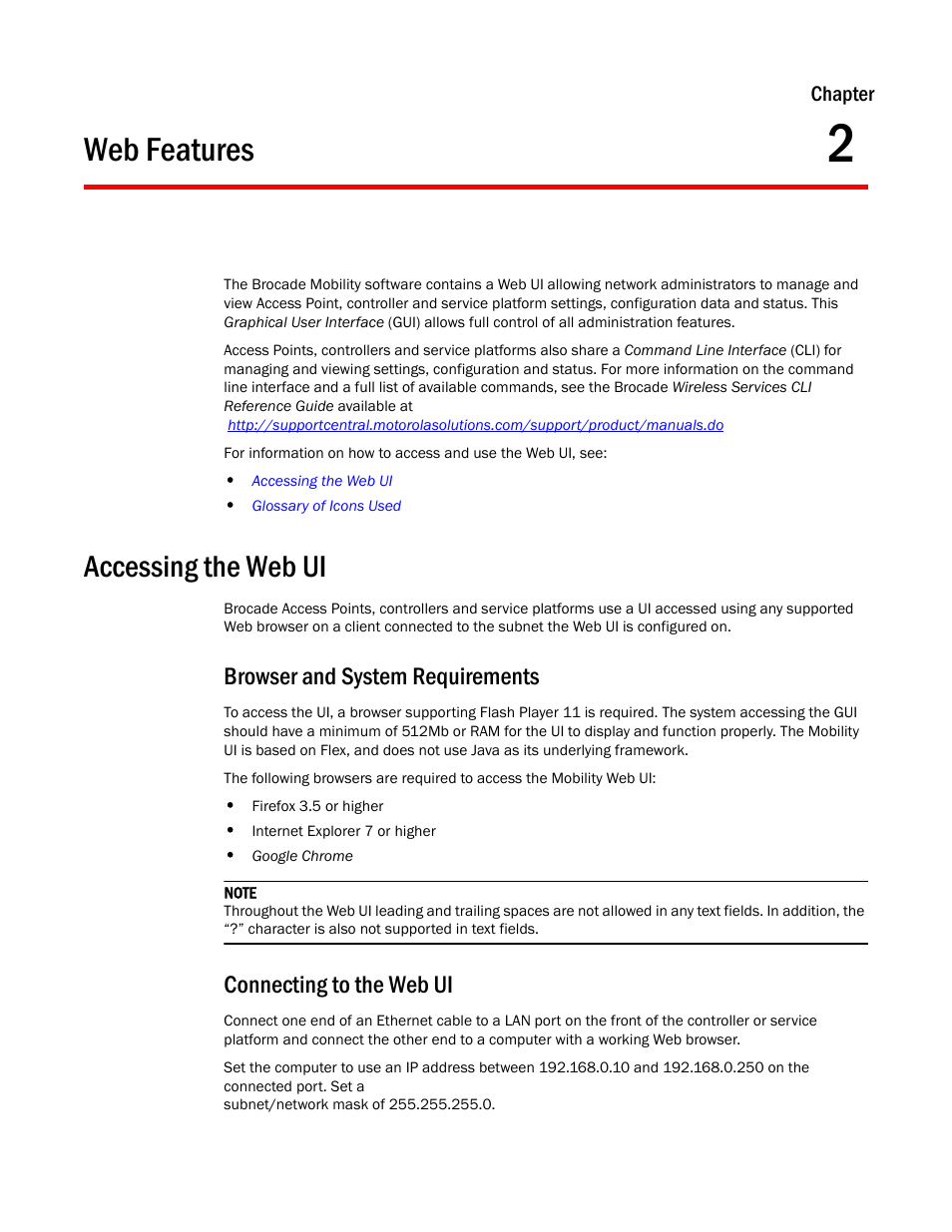 Web features, Accessing the web ui, Browser and system requirements | Connecting to the web ui, Chapter 2 | Brocade Mobility RFS Controller System Reference Guide (Supporting software release 5.5.0.0 and later) User Manual | Page 15 / 1017