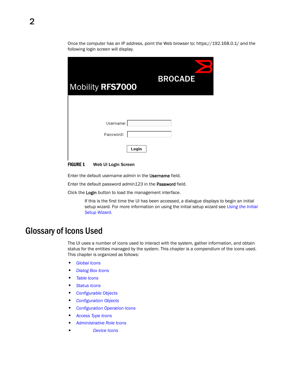 Glossary of icons used | Brocade Mobility RFS Controller System Reference Guide (Supporting software release 5.5.0.0 and later) User Manual | Page 16 / 1017