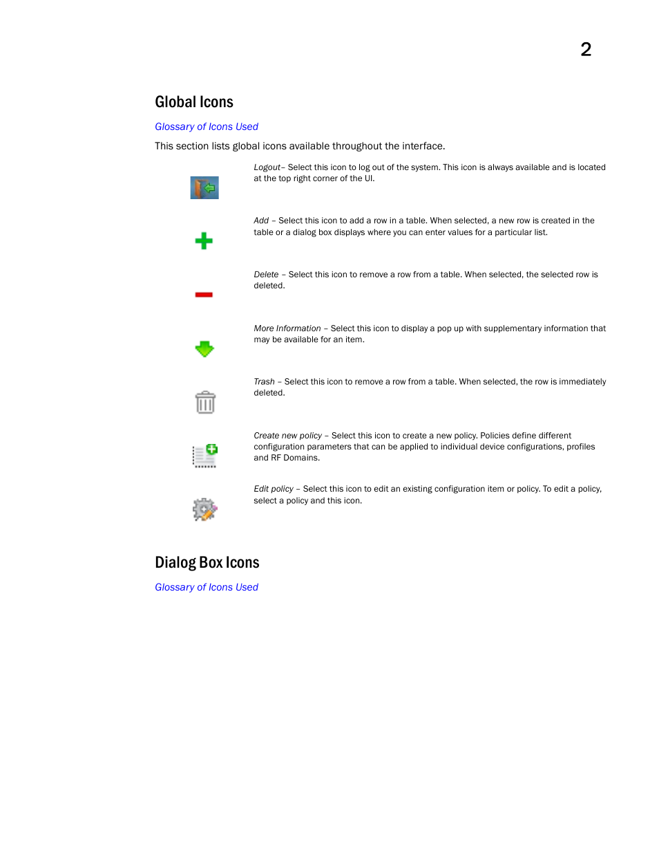 Global icons, Dialog box icons, Global icons dialog box icons | Brocade Mobility RFS Controller System Reference Guide (Supporting software release 5.5.0.0 and later) User Manual | Page 17 / 1017