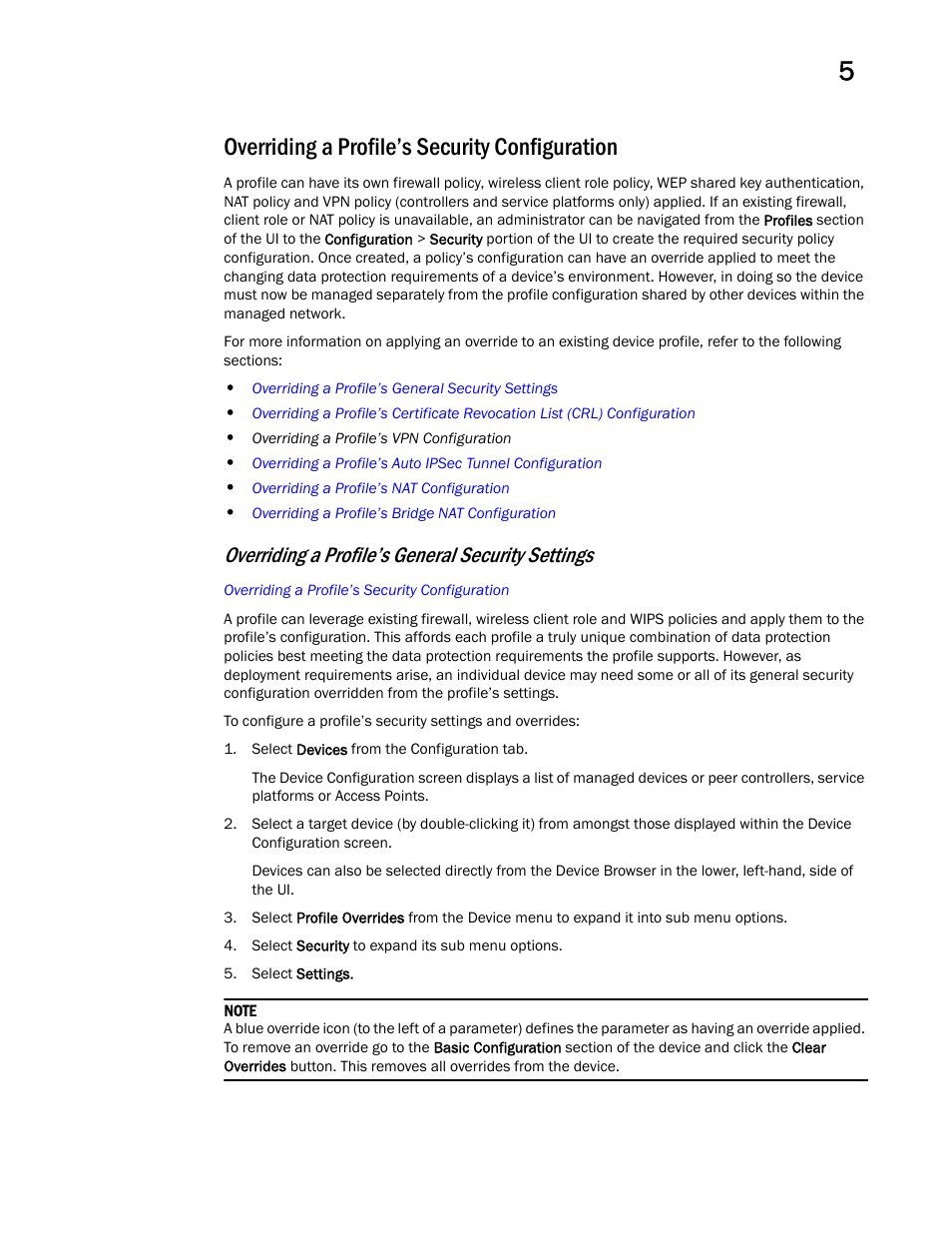Overriding a profile’s security configuration, Overriding a profile’s general security settings | Brocade Mobility RFS Controller System Reference Guide (Supporting software release 5.5.0.0 and later) User Manual | Page 195 / 1017