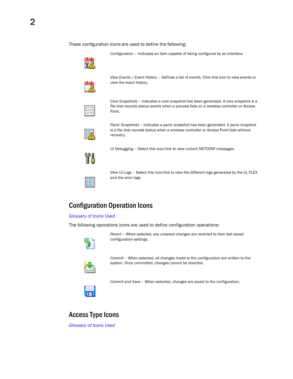 Configuration operation icons, Access type icons | Brocade Mobility RFS Controller System Reference Guide (Supporting software release 5.5.0.0 and later) User Manual | Page 22 / 1017