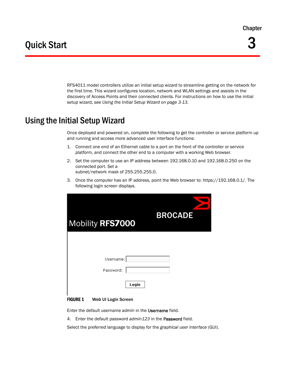 Quick start, Using the initial setup wizard, Chapter 3 | Using the initial, Setup wizard | Brocade Mobility RFS Controller System Reference Guide (Supporting software release 5.5.0.0 and later) User Manual | Page 25 / 1017