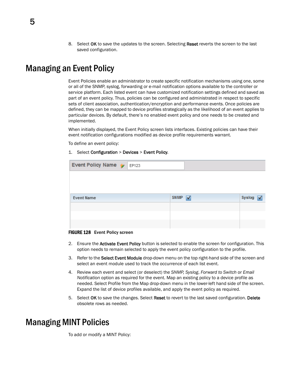 Managing an event policy, Managing mint policies | Brocade Mobility RFS Controller System Reference Guide (Supporting software release 5.5.0.0 and later) User Manual | Page 260 / 1017