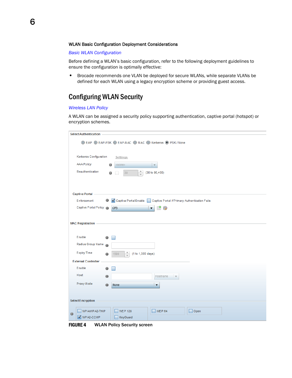 Configuring wlan security | Brocade Mobility RFS Controller System Reference Guide (Supporting software release 5.5.0.0 and later) User Manual | Page 268 / 1017