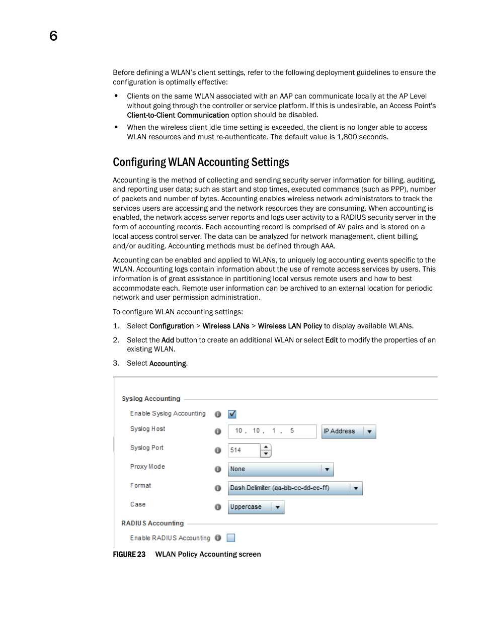 Configuring wlan accounting settings | Brocade Mobility RFS Controller System Reference Guide (Supporting software release 5.5.0.0 and later) User Manual | Page 296 / 1017