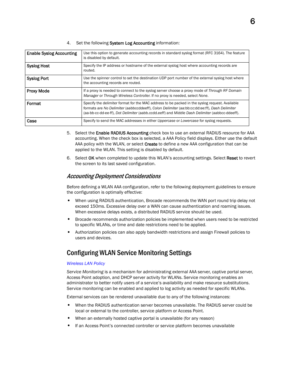 Configuring wlan service monitoring settings, Accounting deployment considerations | Brocade Mobility RFS Controller System Reference Guide (Supporting software release 5.5.0.0 and later) User Manual | Page 297 / 1017