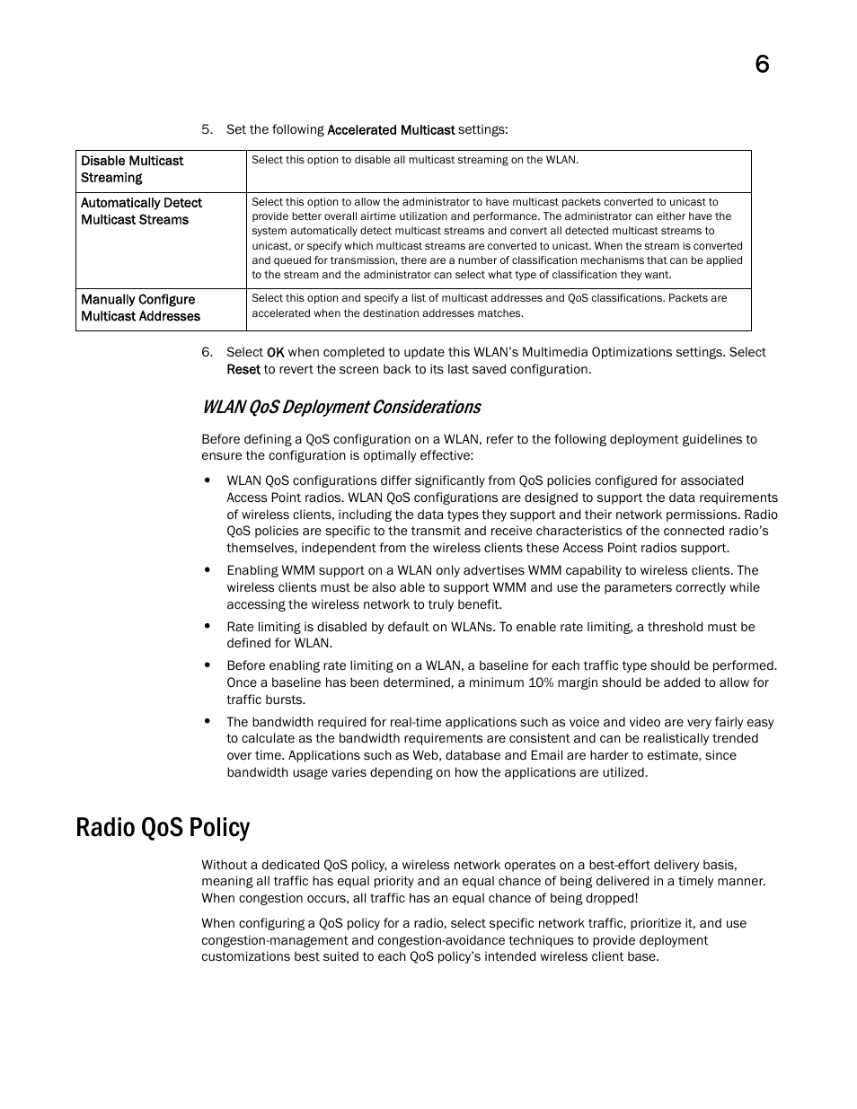 Radio qos policy, Wlan qos deployment considerations | Brocade Mobility RFS Controller System Reference Guide (Supporting software release 5.5.0.0 and later) User Manual | Page 319 / 1017