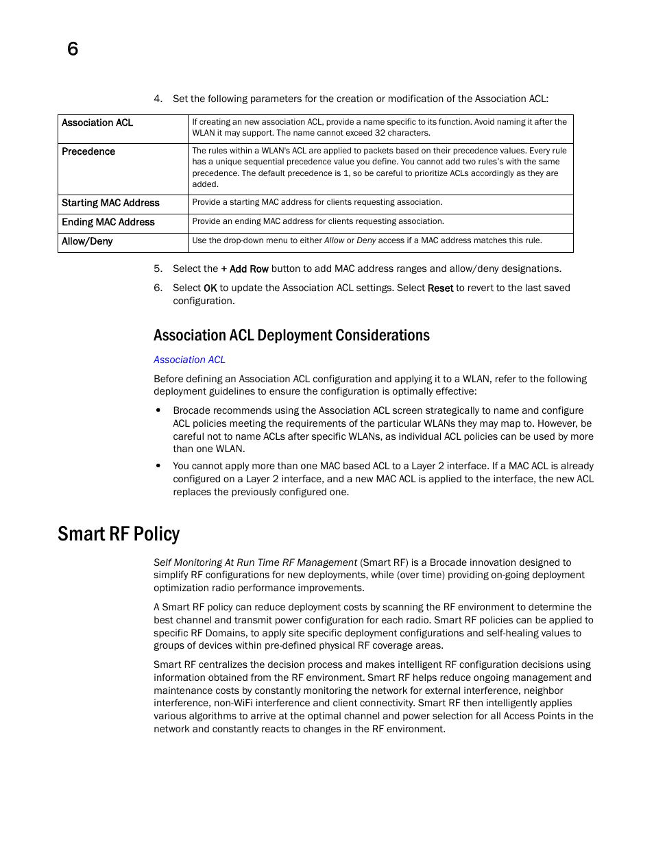 Association acl deployment considerations, Smart rf policy | Brocade Mobility RFS Controller System Reference Guide (Supporting software release 5.5.0.0 and later) User Manual | Page 330 / 1017