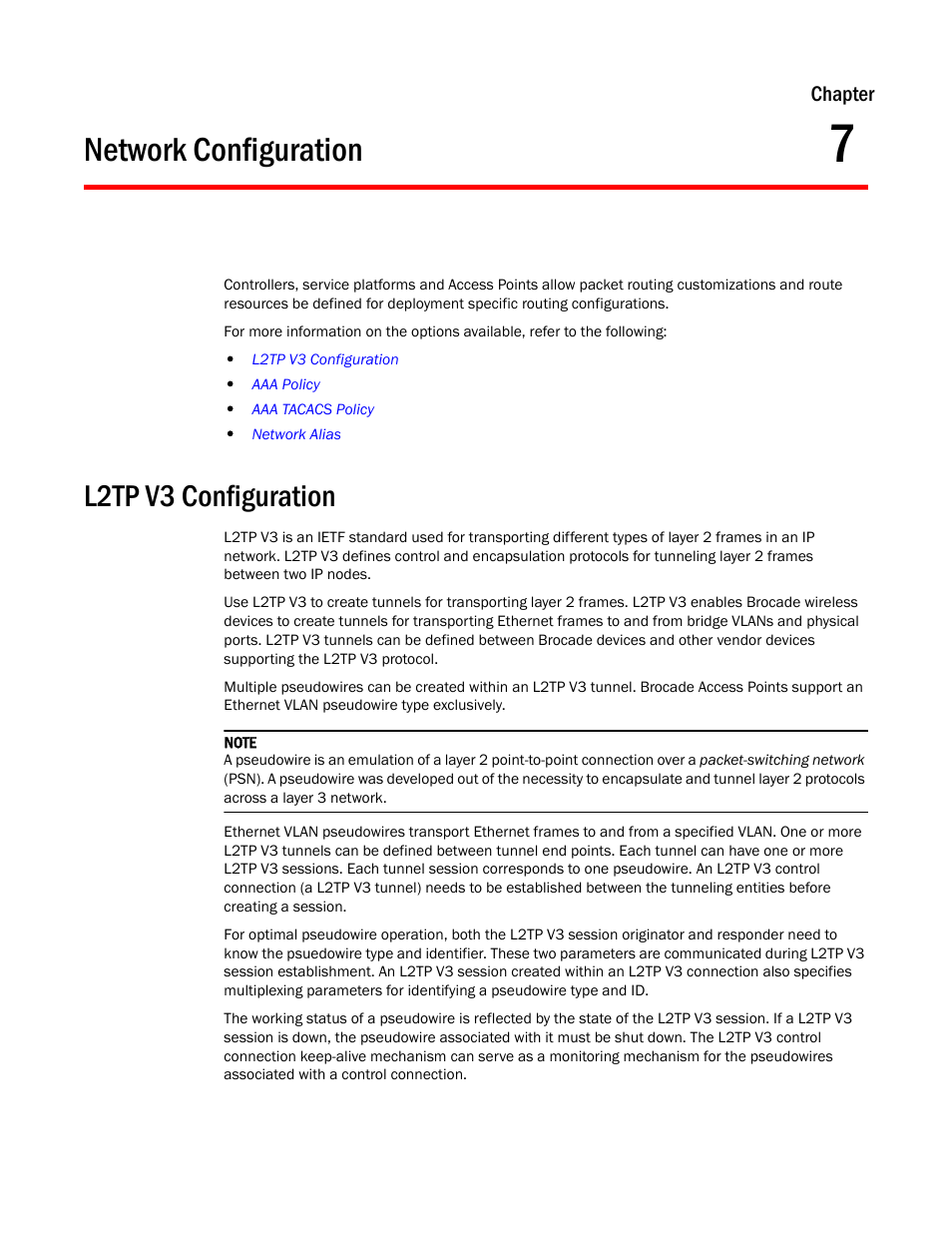 Network configuration, L2tp v3 configuration, Chapter 7 | Brocade Mobility RFS Controller System Reference Guide (Supporting software release 5.5.0.0 and later) User Manual | Page 357 / 1017