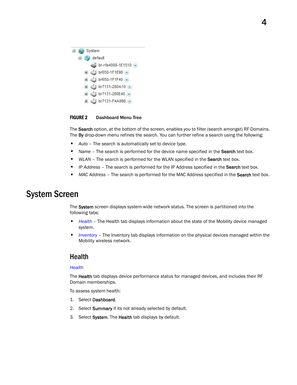 System screen, Health | Brocade Mobility RFS Controller System Reference Guide (Supporting software release 5.5.0.0 and later) User Manual | Page 37 / 1017