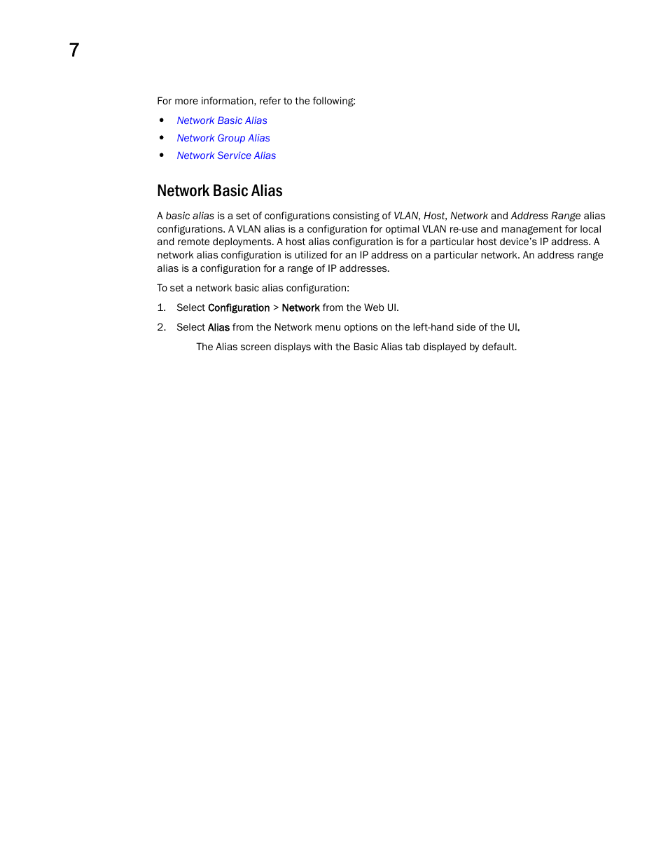 Network basic alias | Brocade Mobility RFS Controller System Reference Guide (Supporting software release 5.5.0.0 and later) User Manual | Page 380 / 1017