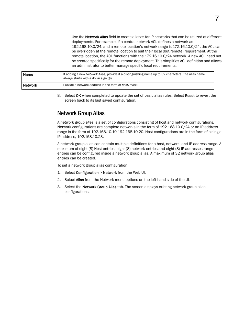 Network group alias | Brocade Mobility RFS Controller System Reference Guide (Supporting software release 5.5.0.0 and later) User Manual | Page 383 / 1017