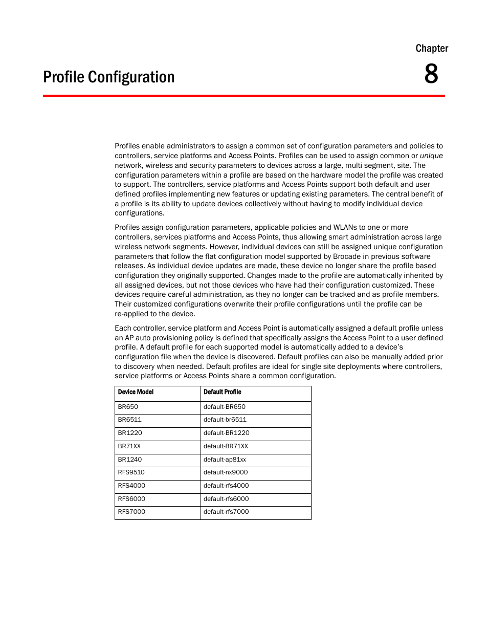 Profile configuration, Chapter 8, Chapter | Brocade Mobility RFS Controller System Reference Guide (Supporting software release 5.5.0.0 and later) User Manual | Page 389 / 1017