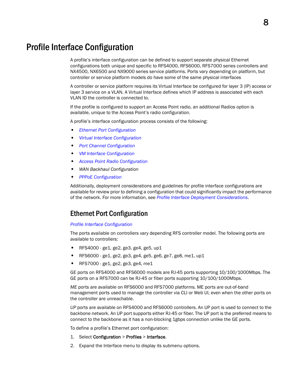 Profile interface configuration, Ethernet port configuration | Brocade Mobility RFS Controller System Reference Guide (Supporting software release 5.5.0.0 and later) User Manual | Page 403 / 1017