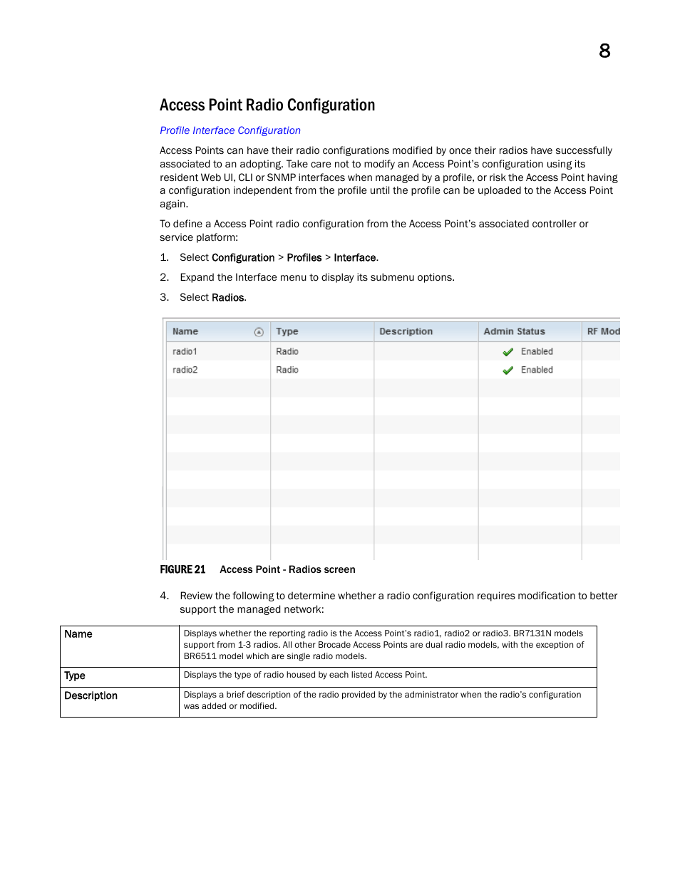 Access point radio configuration | Brocade Mobility RFS Controller System Reference Guide (Supporting software release 5.5.0.0 and later) User Manual | Page 427 / 1017