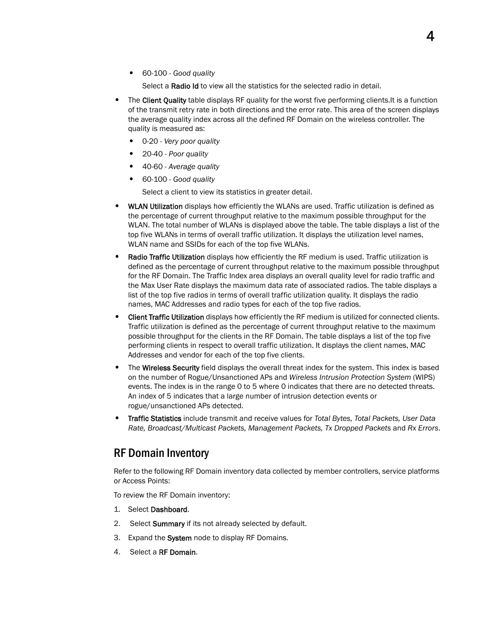 Rf domain inventory | Brocade Mobility RFS Controller System Reference Guide (Supporting software release 5.5.0.0 and later) User Manual | Page 43 / 1017