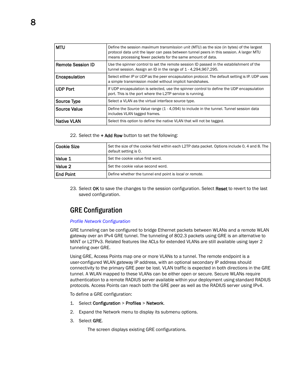 Gre configuration | Brocade Mobility RFS Controller System Reference Guide (Supporting software release 5.5.0.0 and later) User Manual | Page 452 / 1017