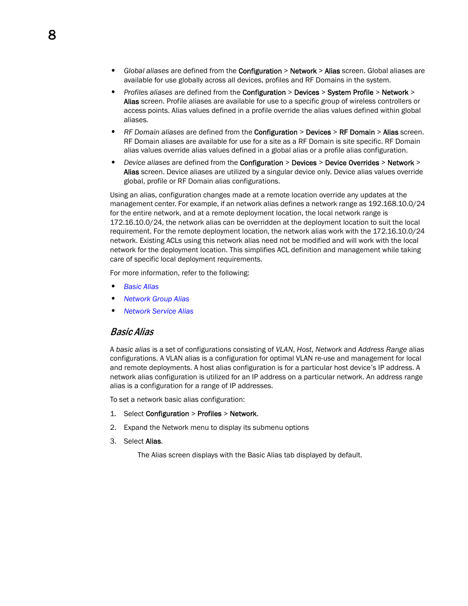Basic alias | Brocade Mobility RFS Controller System Reference Guide (Supporting software release 5.5.0.0 and later) User Manual | Page 480 / 1017