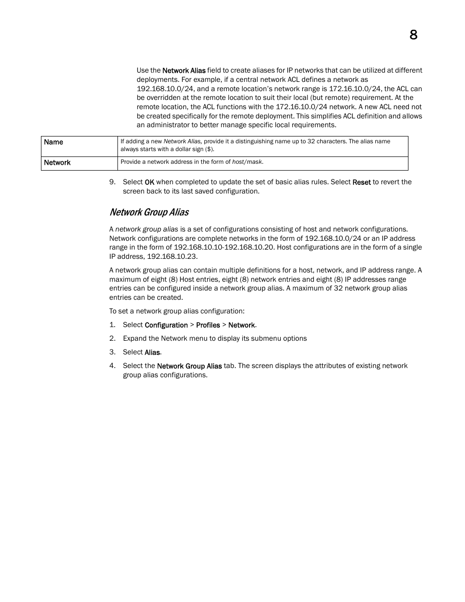 Network group alias | Brocade Mobility RFS Controller System Reference Guide (Supporting software release 5.5.0.0 and later) User Manual | Page 483 / 1017