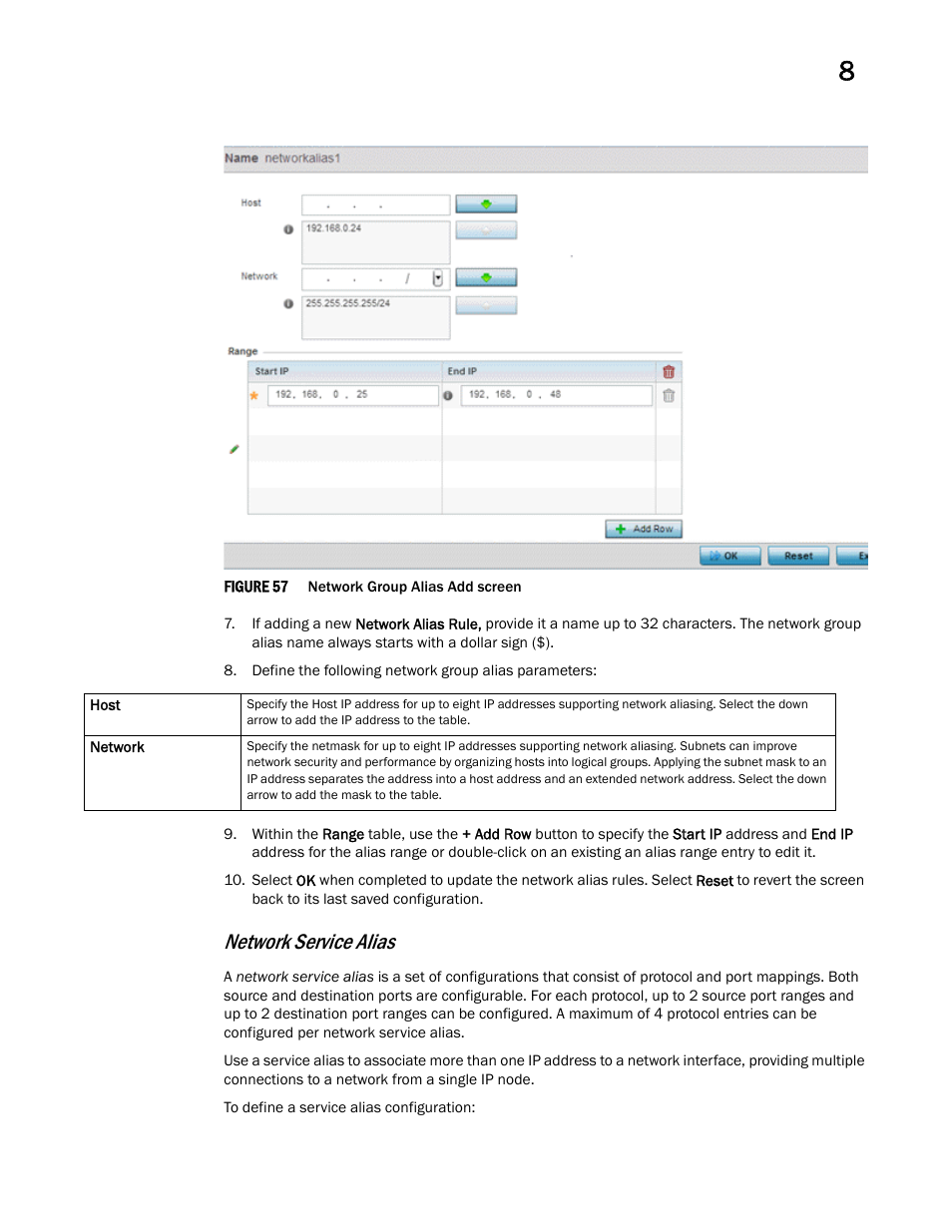 Network service alias | Brocade Mobility RFS Controller System Reference Guide (Supporting software release 5.5.0.0 and later) User Manual | Page 485 / 1017