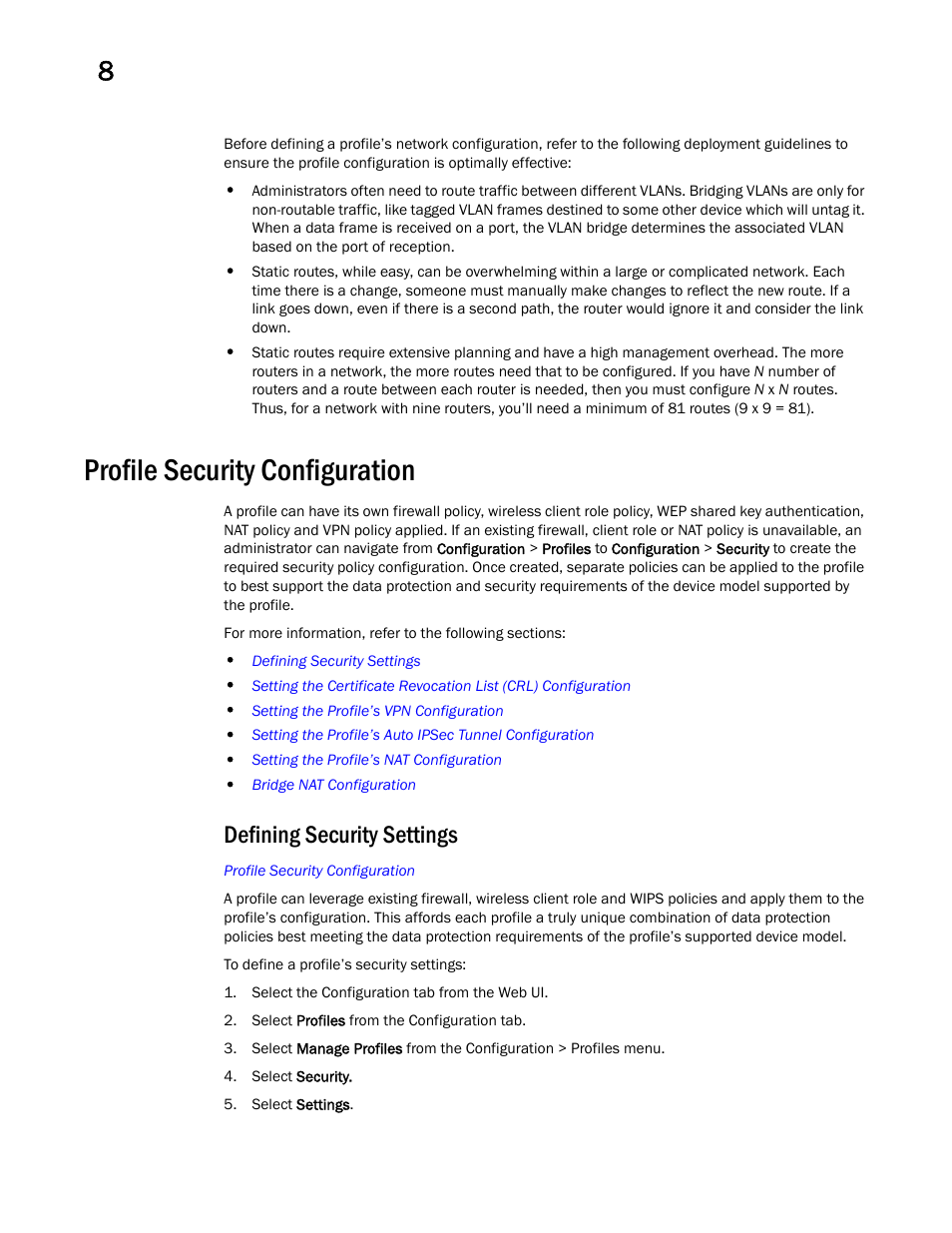 Profile security configuration, Defining security settings | Brocade Mobility RFS Controller System Reference Guide (Supporting software release 5.5.0.0 and later) User Manual | Page 488 / 1017