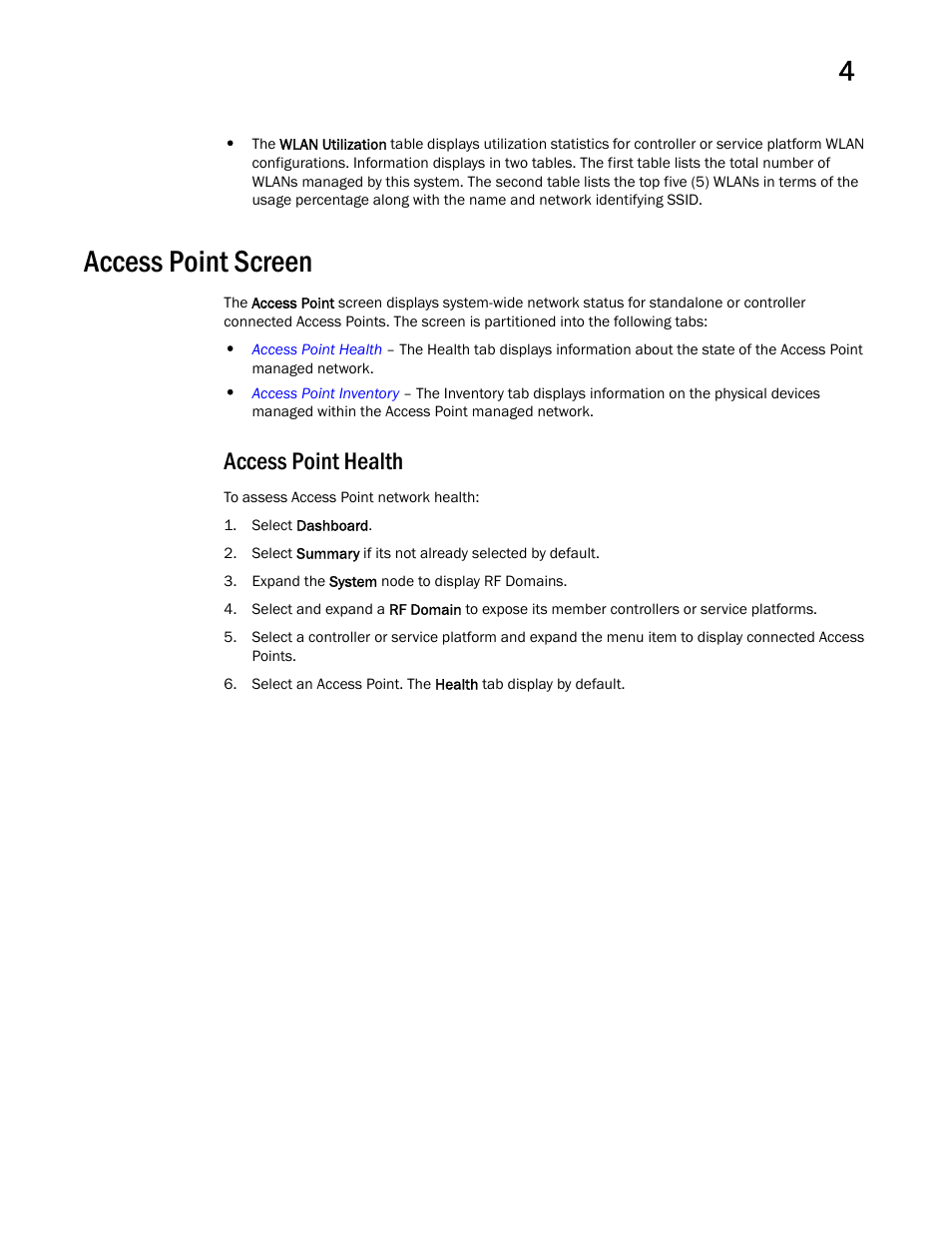 Access point screen, Access point health | Brocade Mobility RFS Controller System Reference Guide (Supporting software release 5.5.0.0 and later) User Manual | Page 49 / 1017