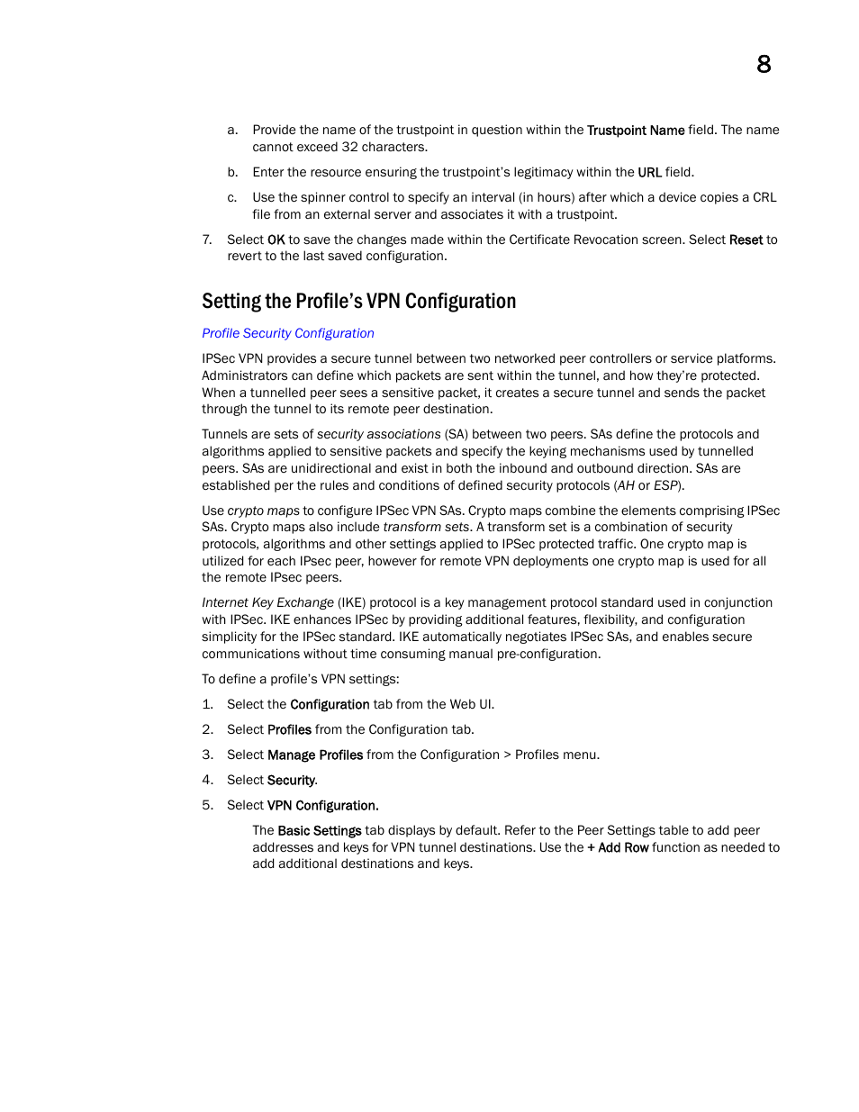 Setting the profile’s vpn configuration | Brocade Mobility RFS Controller System Reference Guide (Supporting software release 5.5.0.0 and later) User Manual | Page 491 / 1017