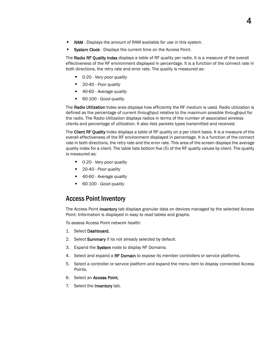 Access point inventory | Brocade Mobility RFS Controller System Reference Guide (Supporting software release 5.5.0.0 and later) User Manual | Page 51 / 1017