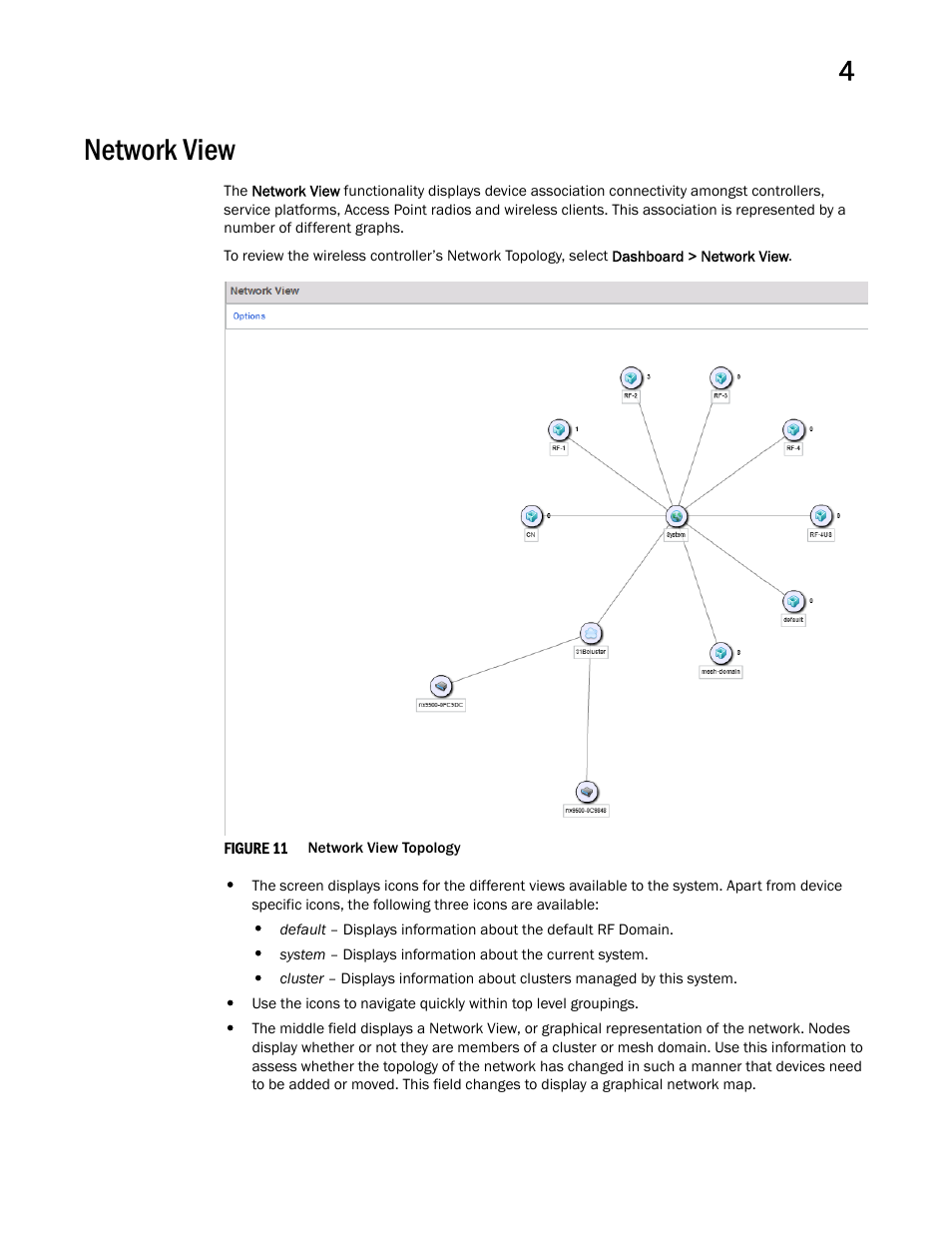 Network view | Brocade Mobility RFS Controller System Reference Guide (Supporting software release 5.5.0.0 and later) User Manual | Page 53 / 1017