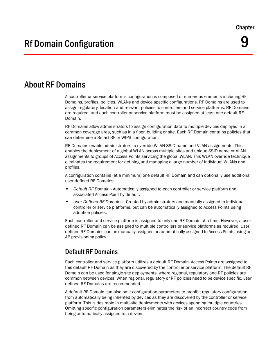 Rf domain configuration, Chapter 9, Rmation, see | About rf, Domains, About rf domains, Default rf domains | Brocade Mobility RFS Controller System Reference Guide (Supporting software release 5.5.0.0 and later) User Manual | Page 555 / 1017