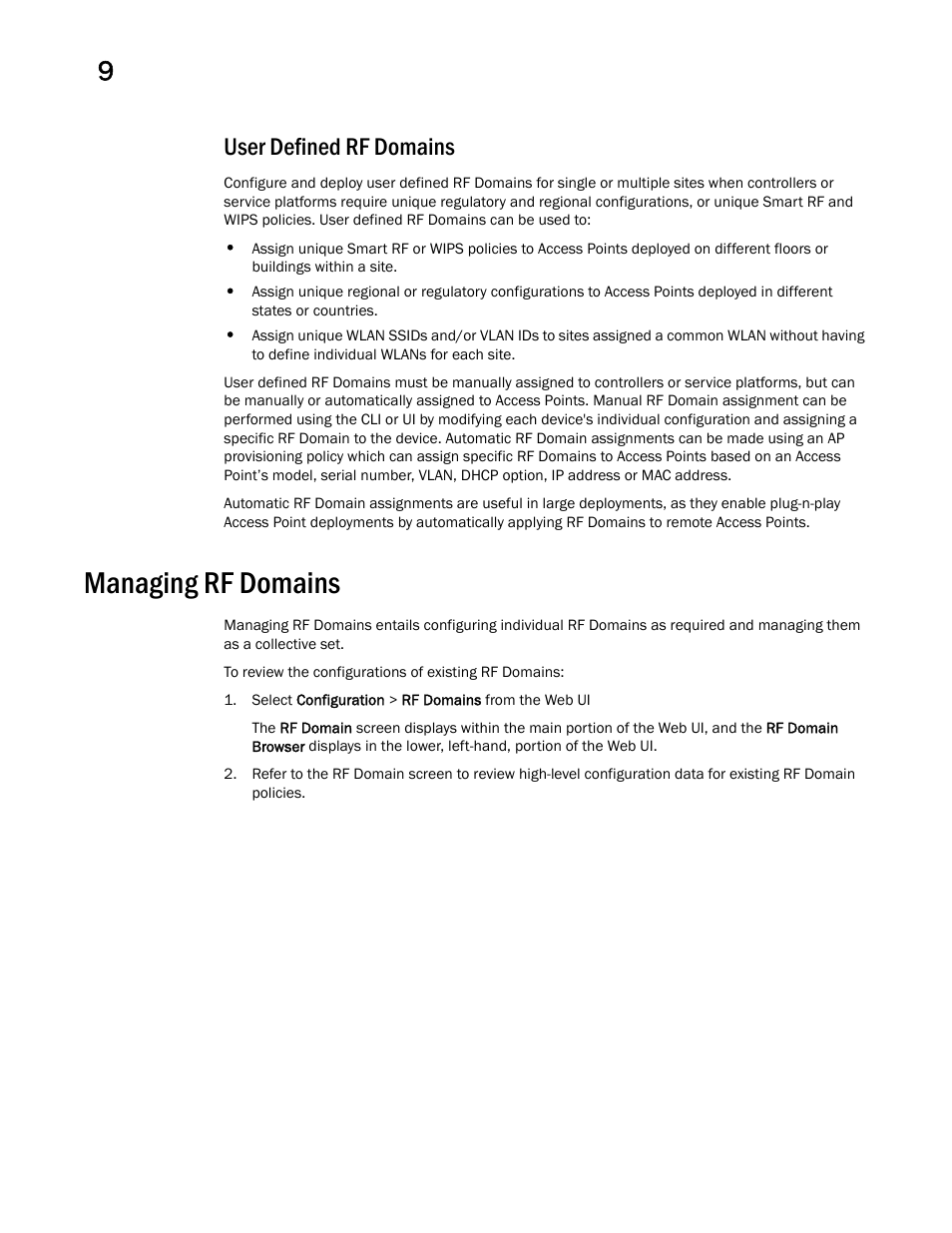Managing rf domains, User defined rf domains | Brocade Mobility RFS Controller System Reference Guide (Supporting software release 5.5.0.0 and later) User Manual | Page 556 / 1017