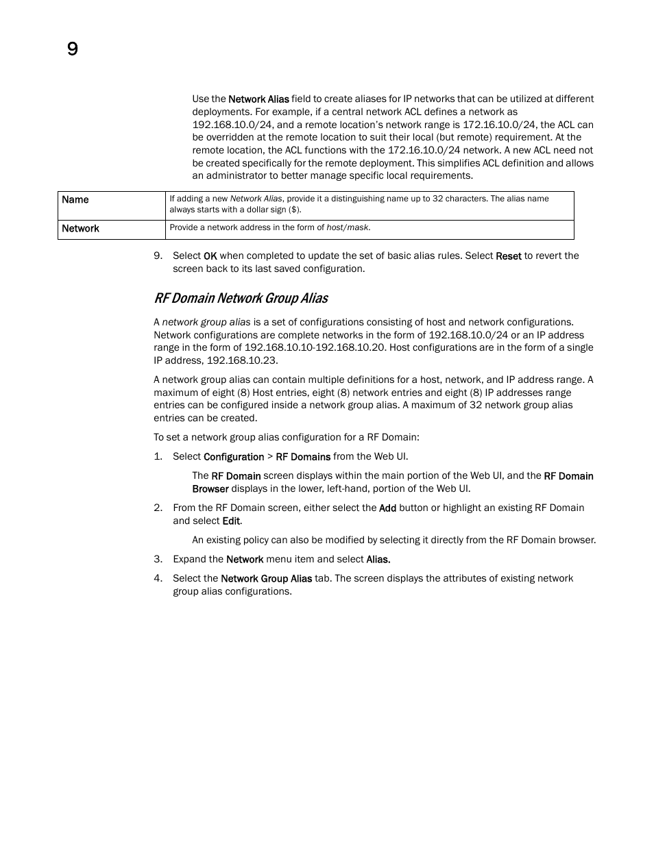 Rf domain network group alias | Brocade Mobility RFS Controller System Reference Guide (Supporting software release 5.5.0.0 and later) User Manual | Page 570 / 1017