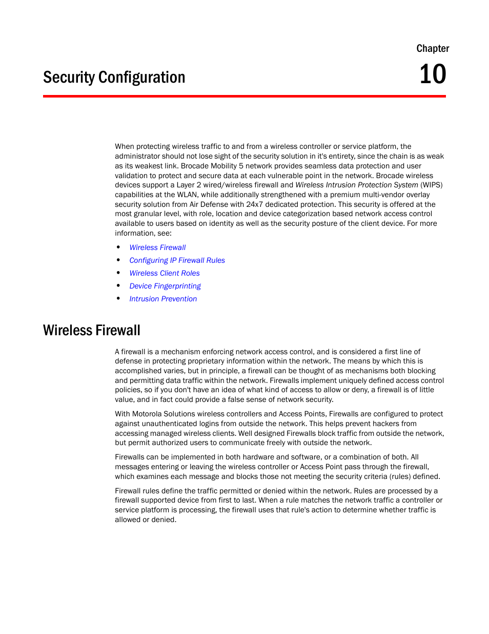 Security configuration, Wireless firewall, Chapter 10 | Rmation, see, Wireless, Firewall | Brocade Mobility RFS Controller System Reference Guide (Supporting software release 5.5.0.0 and later) User Manual | Page 577 / 1017