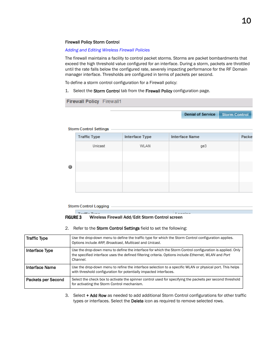 Firewall policy storm control | Brocade Mobility RFS Controller System Reference Guide (Supporting software release 5.5.0.0 and later) User Manual | Page 583 / 1017