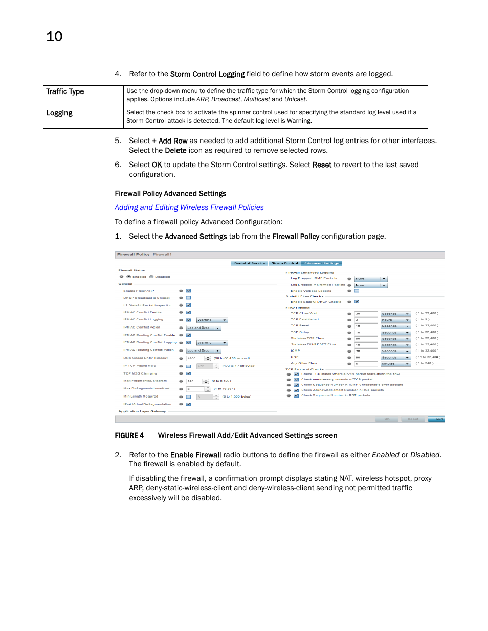 Firewall policy advanced settings | Brocade Mobility RFS Controller System Reference Guide (Supporting software release 5.5.0.0 and later) User Manual | Page 584 / 1017