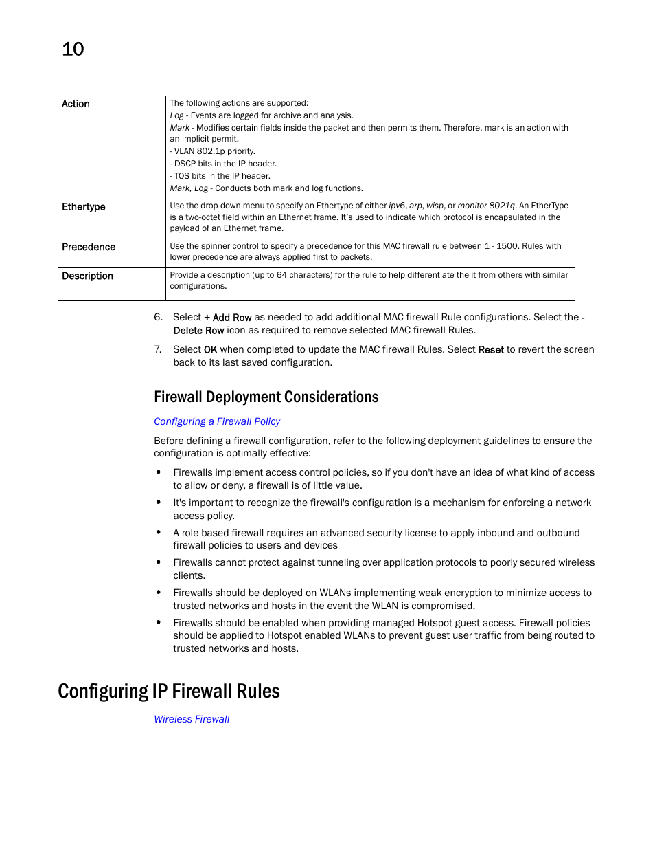 Firewall deployment considerations, Configuring ip firewall rules, N, see | Configuring ip firewall, Rules | Brocade Mobility RFS Controller System Reference Guide (Supporting software release 5.5.0.0 and later) User Manual | Page 590 / 1017